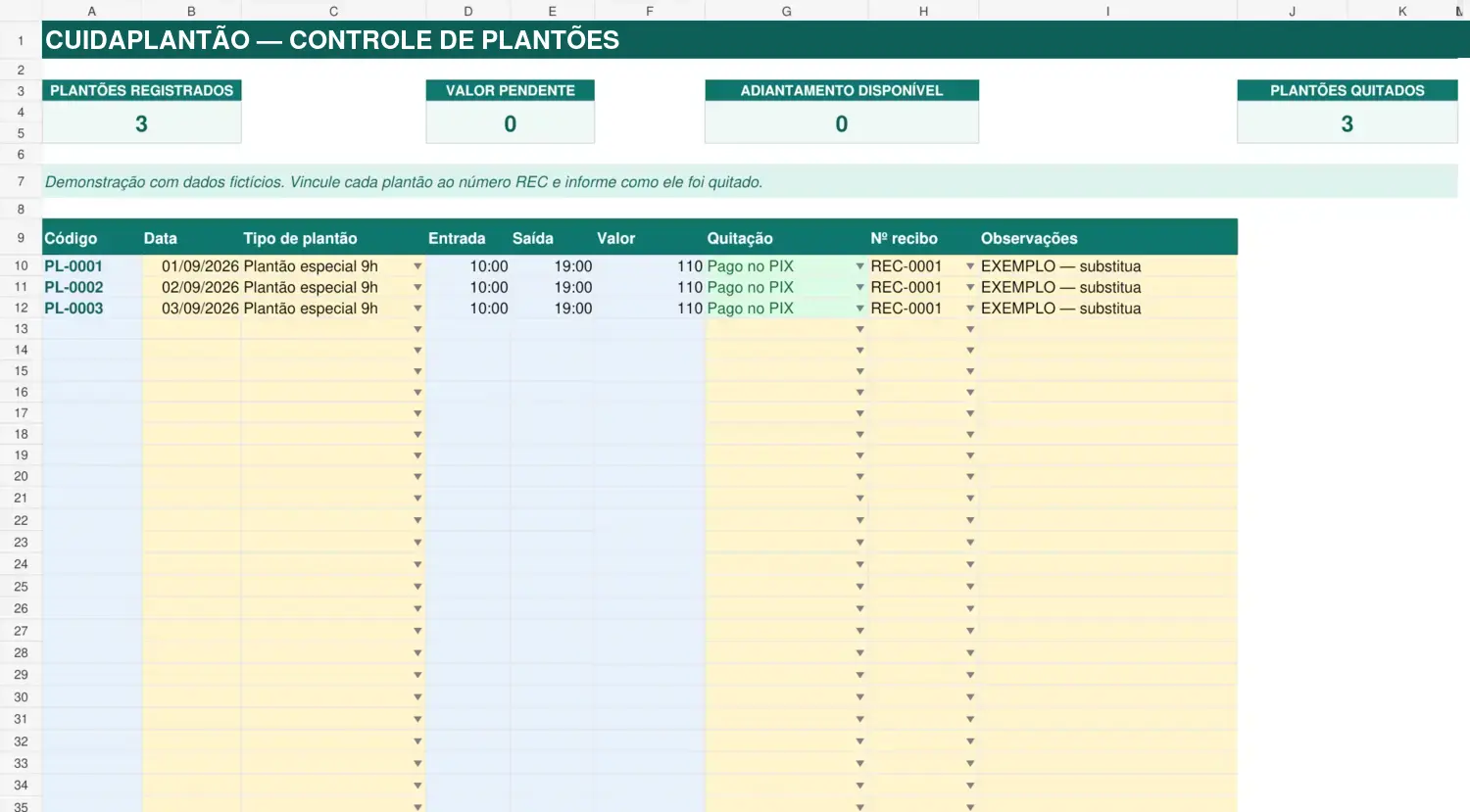 Lista de plantões com datas, horários, valores e situação